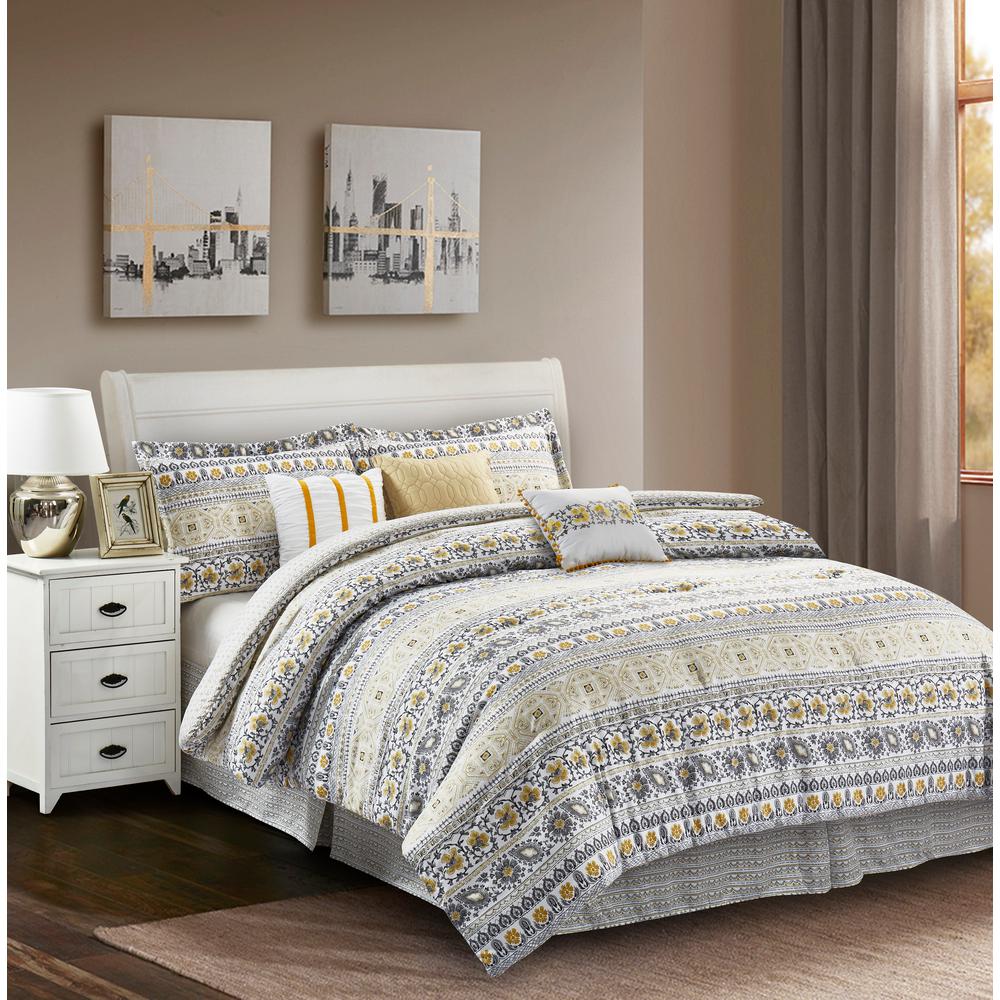 R2zen Chloe 7 Piece Yellow Grey Queen Comforter Set Rz7clylw3