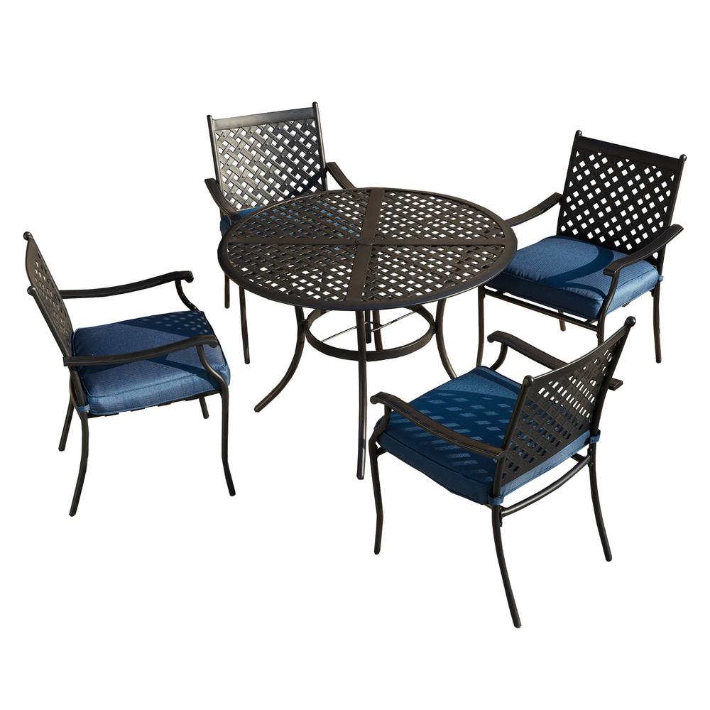 Patio Festival 5Piece Metal Outdoor Dining Set with Blue Cushions