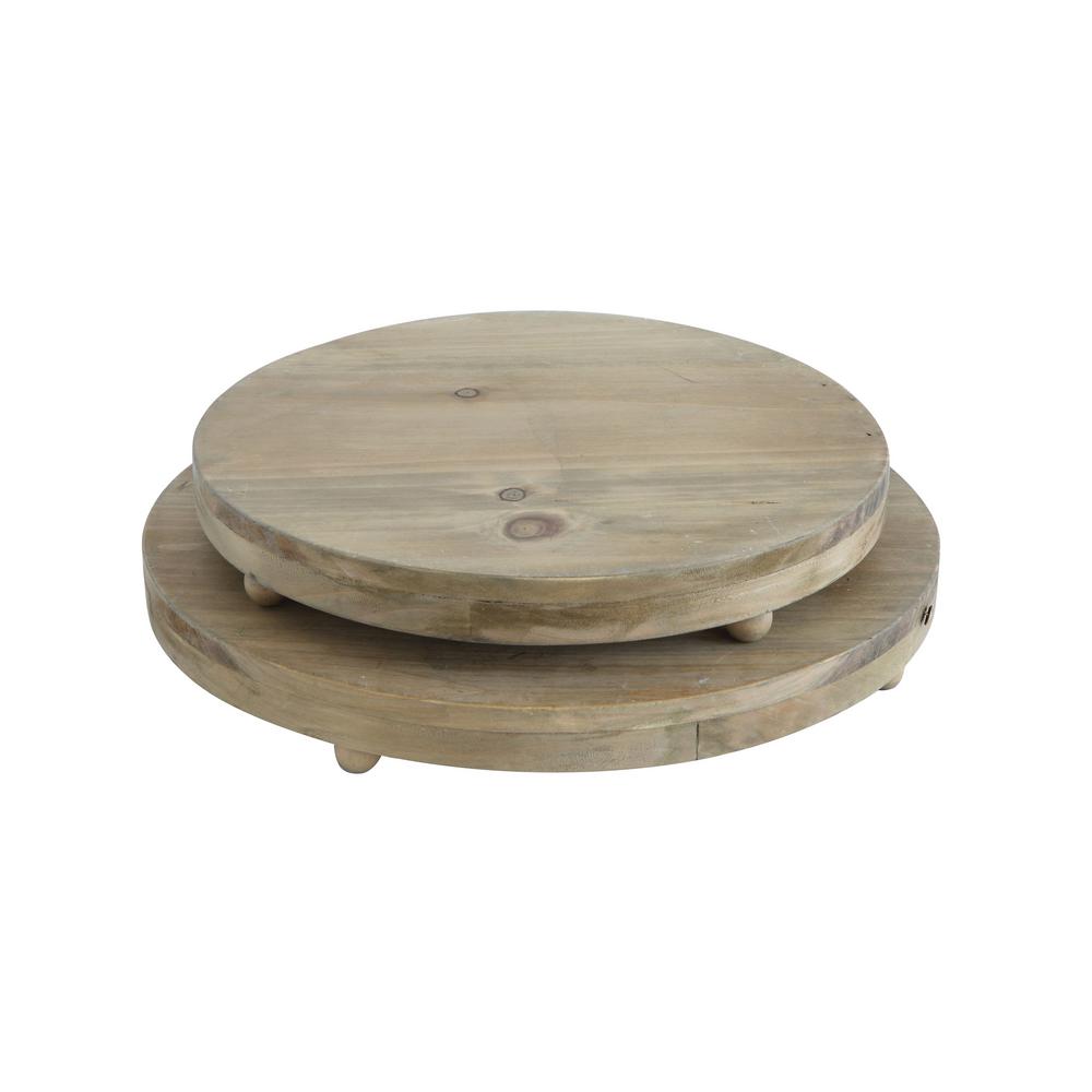 Round Natural Wood Pedestal Trays (Set of 2)