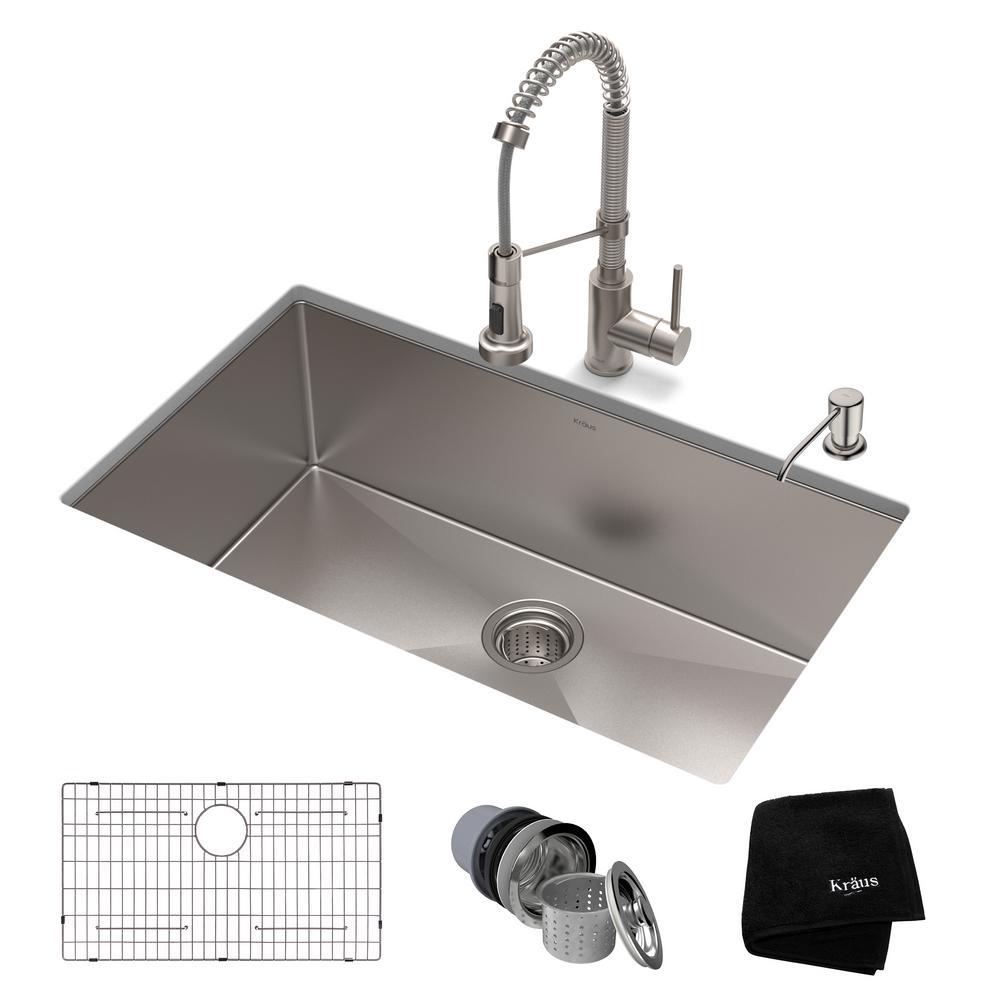 Kraus Standart Pro All In One Undermount Stainless Steel 30 In Single Bowl Kitchen Sink With Faucet In Stainless Steel