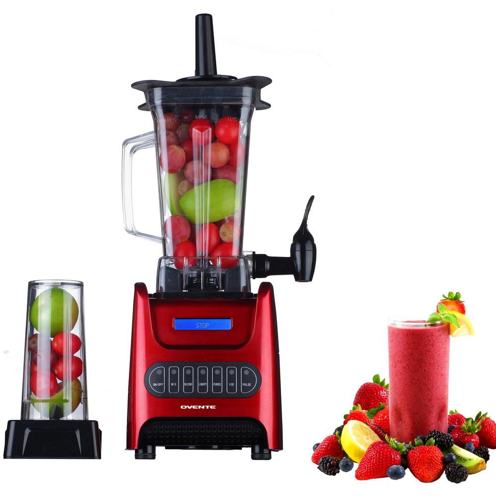 Ovente 13 5 Oz 1000 Watt Red Robust Professional Blender With Bpa Free Blender Jar Travel Mug And Tamper Blh1000r The Home Depot