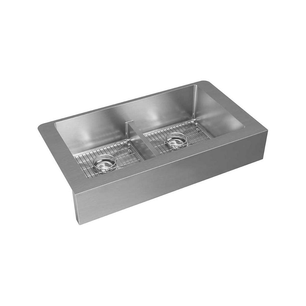 Low Divide Elkay The Home Depot Crosstown Farmhouse A Front Stainless Steel 36 In Double Bowl Kitchen Sink With Bottom Grids