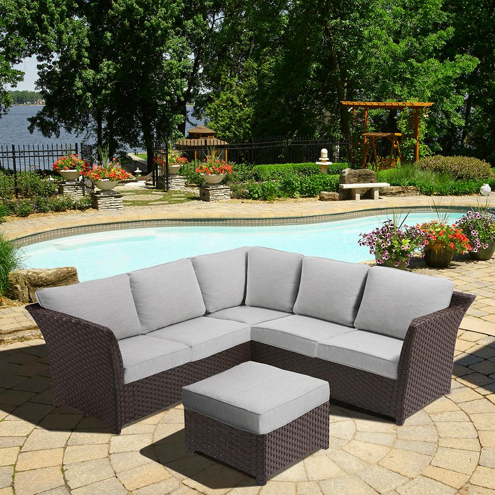 OVE Decors Clara 3-Piece Wicker Outdoor Sectional Set with Olefin Grey Cushions