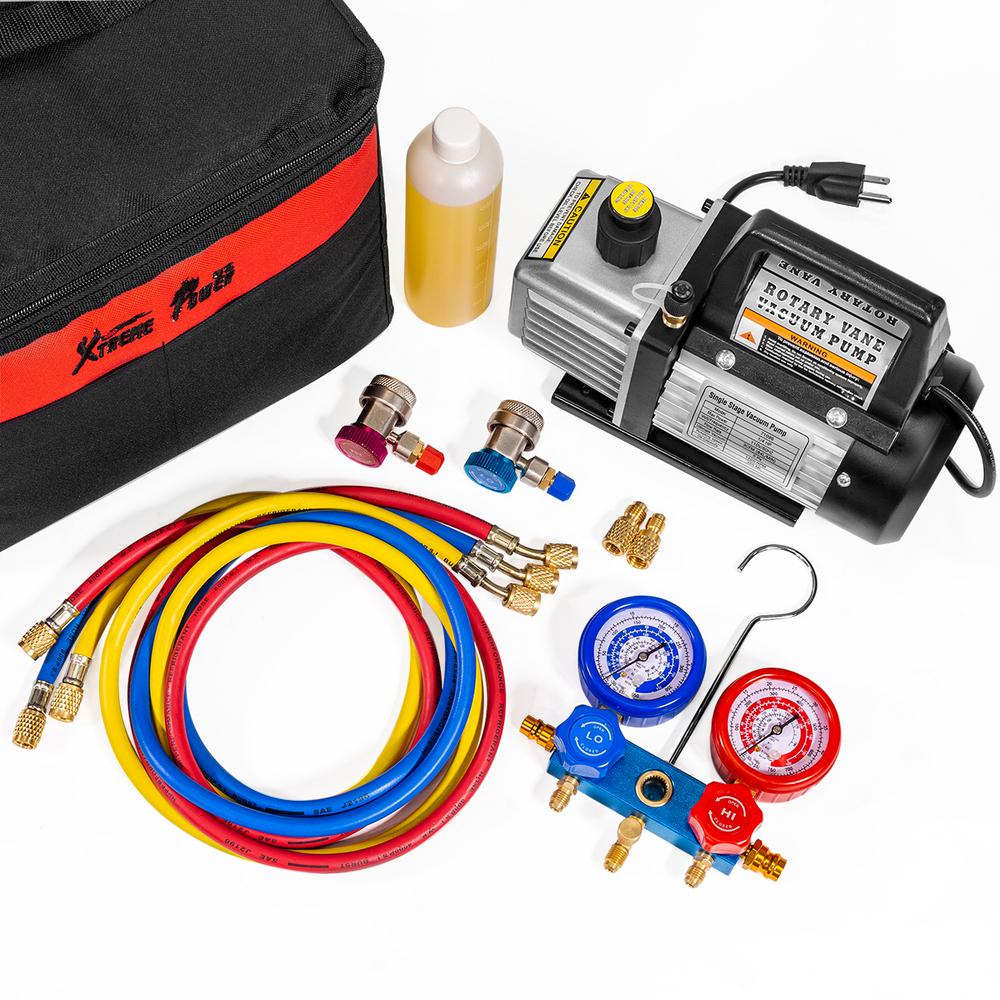 Xtremepowerus 1 4 Hp 3 Cfm Air Vacuum Pump Hvac A C Refrigerant Kit With Ac Manifold Gauge Set 71097 H The Home Depot