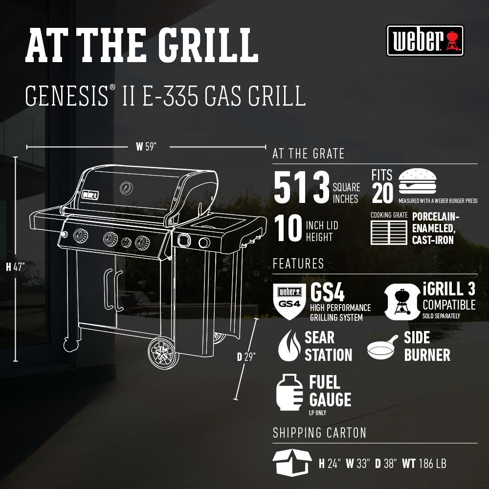 Weber Genesis Ii E 335 3 Burner Propane Gas Grill In Black With Built In Thermometer And Side Burner 61016001 The Home Depot