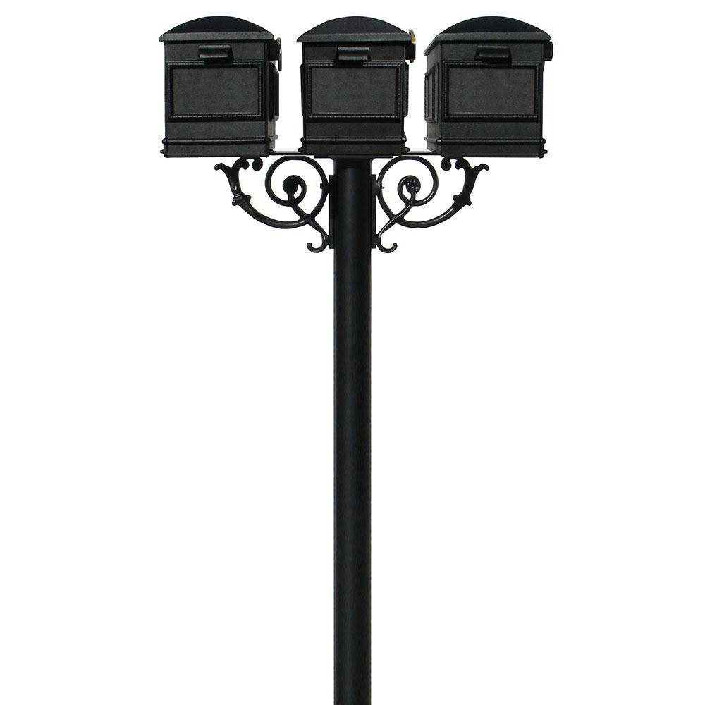 Ornate Base and Pineapple Finial Qualarc LPST-703-E1-BL Lewiston Aluminum Post Mailbox System with Support Brace Mounting Plate Black Economy Mailbox