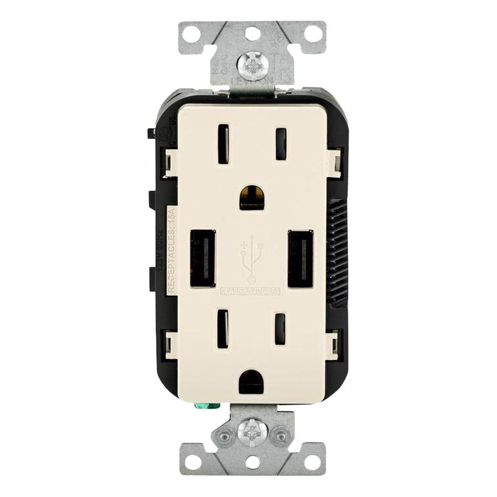 Leviton 15 Amp Decora Combination Tamper Resistant Duplex Outlet and USB Charger, Light Almond ...