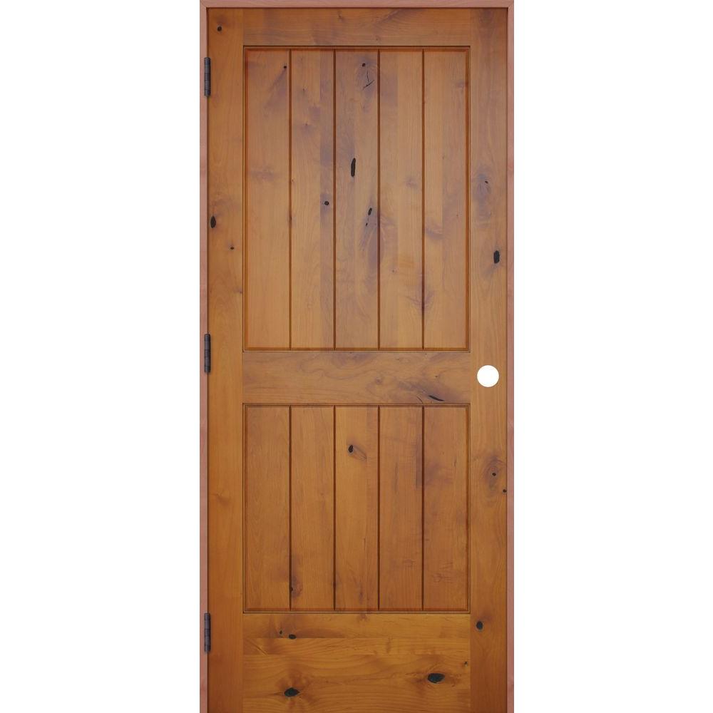36 In X 80 In Rustic Prefinished 2 Panel V Groove Solid Core Knotty Alder Wood Reversible Single Prehung Interior Door
