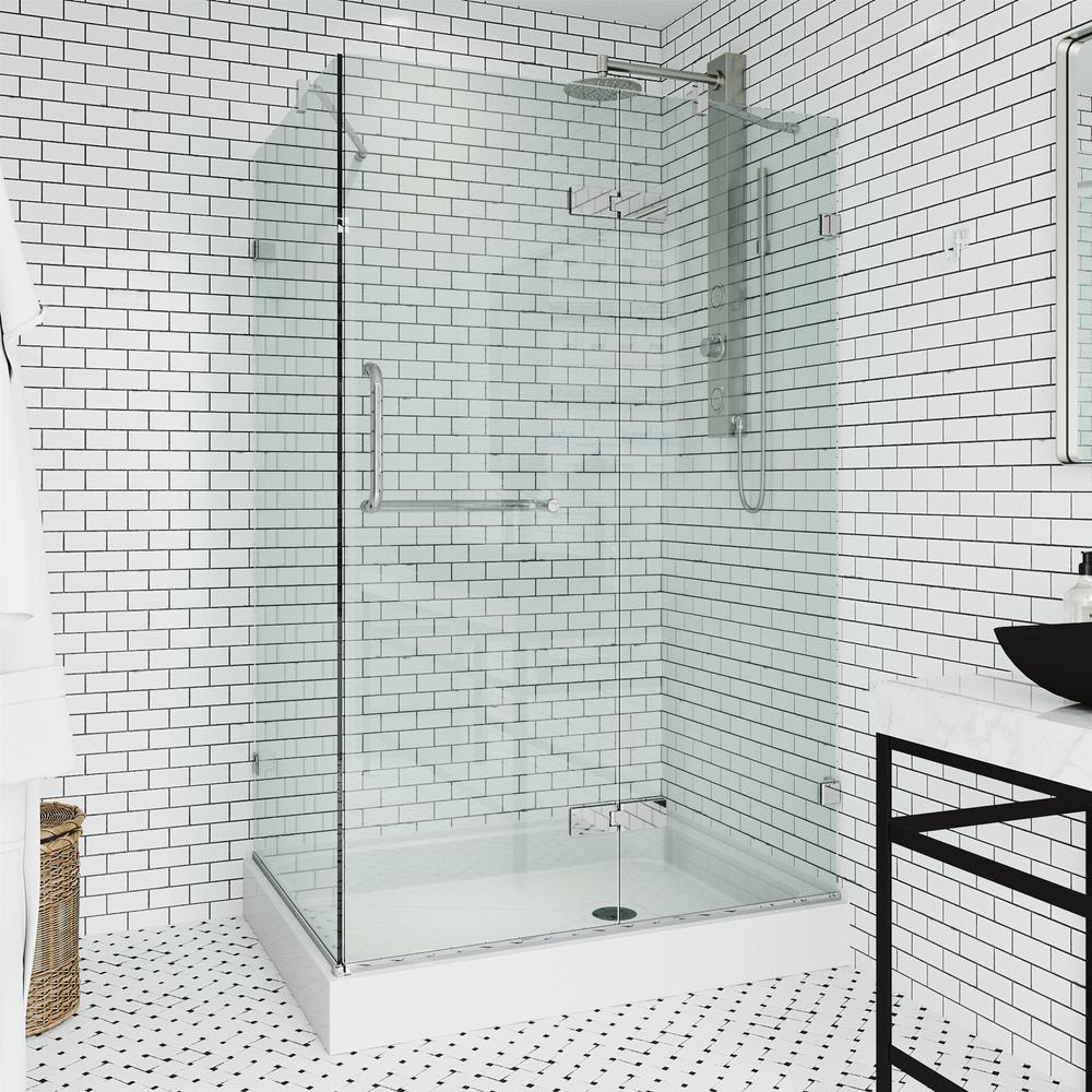 VIGO Monteray 48.125 in. x 79.25 in. Frameless Pivot Shower Door in Chrome with Clear Glass with Right Base