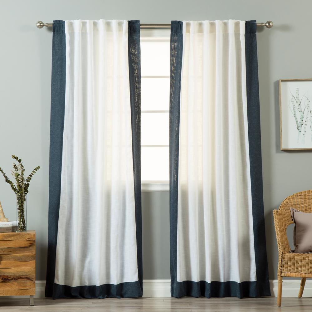 84 In L White Linen Blend Indigo Blue Bordered Curtain Panel 2 Pack