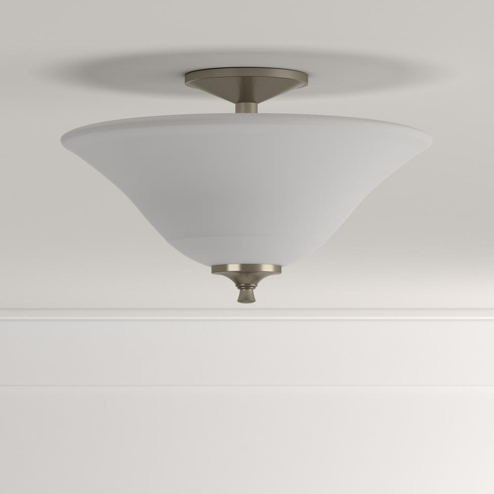 Progress Lighting P3855-09 2-Light Semi-Flush with Modern Trumpet Glass Shades in A Soft Etched Finish Brushed Nickel