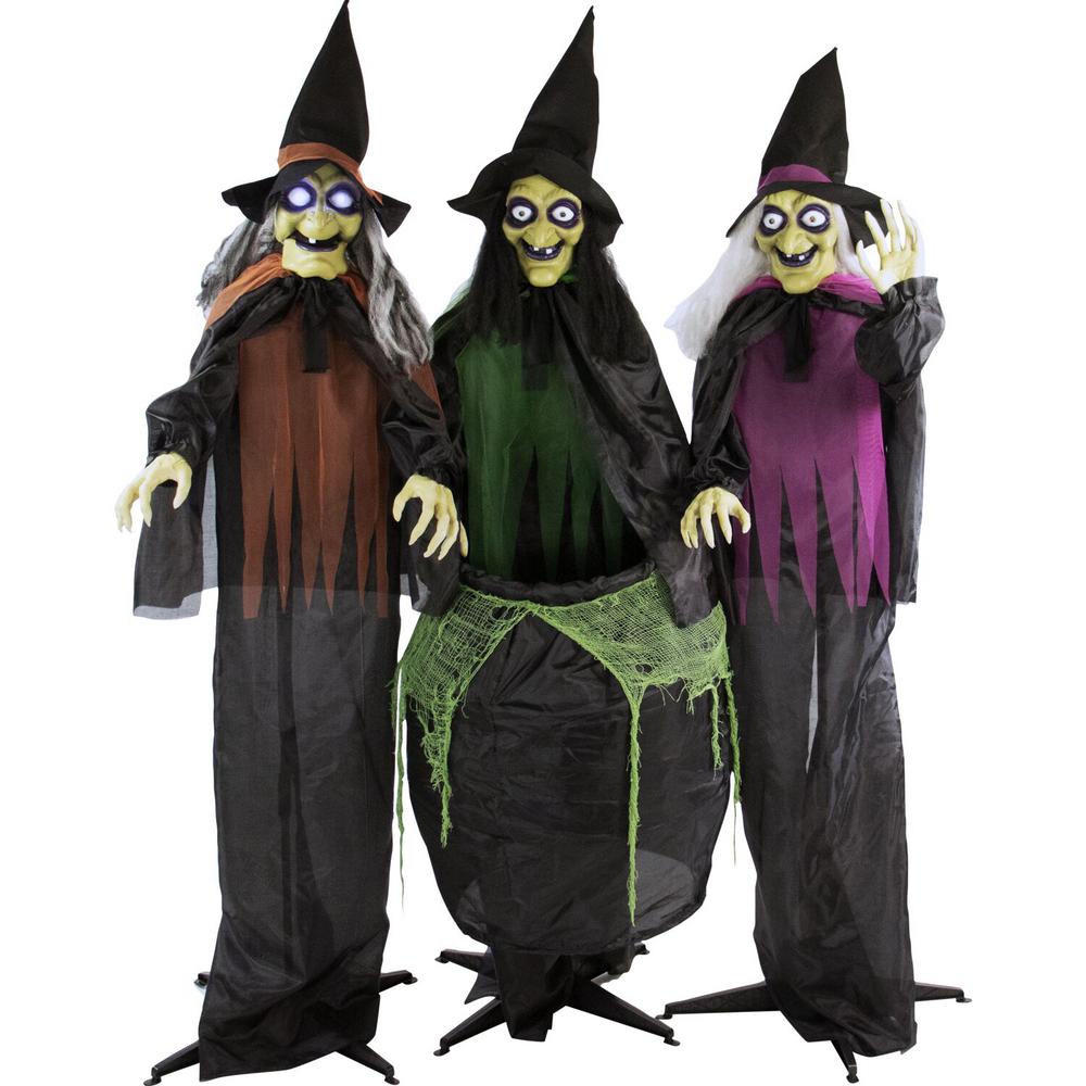 Haunted Hill Farm Animatronic 3 Witches with Cauldron, Indoor/Covered Outdoor Halloween Decoration with Light-up Eyes