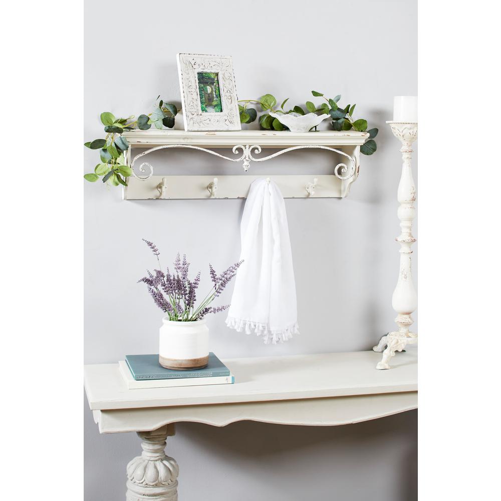 Litton Lane Long Rectangular Distressed White Wood Wall Shelf with Hook Rack and Iron Scrollwork
