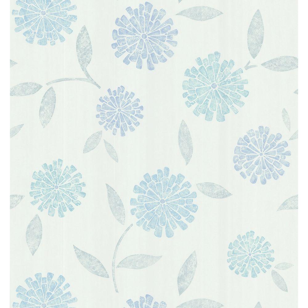 Brewster Simple Space Light Blue Zinnia Flower Wallpaper Sample 141