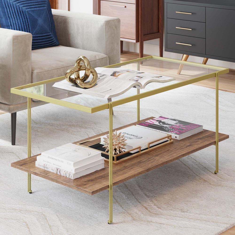 Nathan James Asher Gold Metal Frame Glass Top Oak Shelf Coffee Table, Gold/Oak