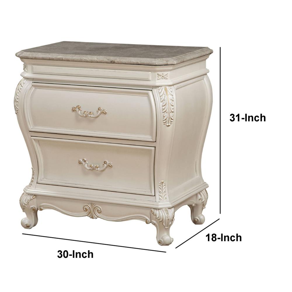 Benjara 2 Drawer Pearl White Wooden Nightstand With Granite Top 30 In L X 18 In W X 31 In H Bm185912 The Home Depot