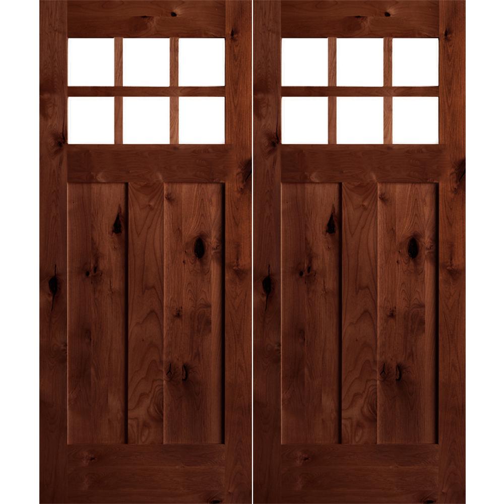 Krosswood Doors 72 In X 80 Craftsman Knotty Alder Wood Clear 6 Lite Red Chestnut Stain Right Active Double Prehung Front Door