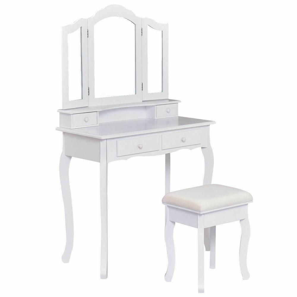 Costway 4 Drawer White Vanity Makeup Dressing Table Set W Stool Mirror Jewelry Wood Desk Hw56232wh The Home Depot