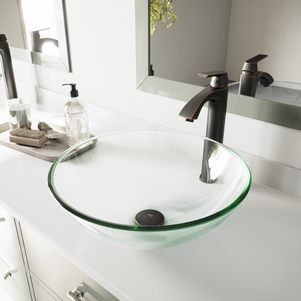 VIGO Glass Vessel Sink in Crystalline and Linus Vessel Faucet Set in
