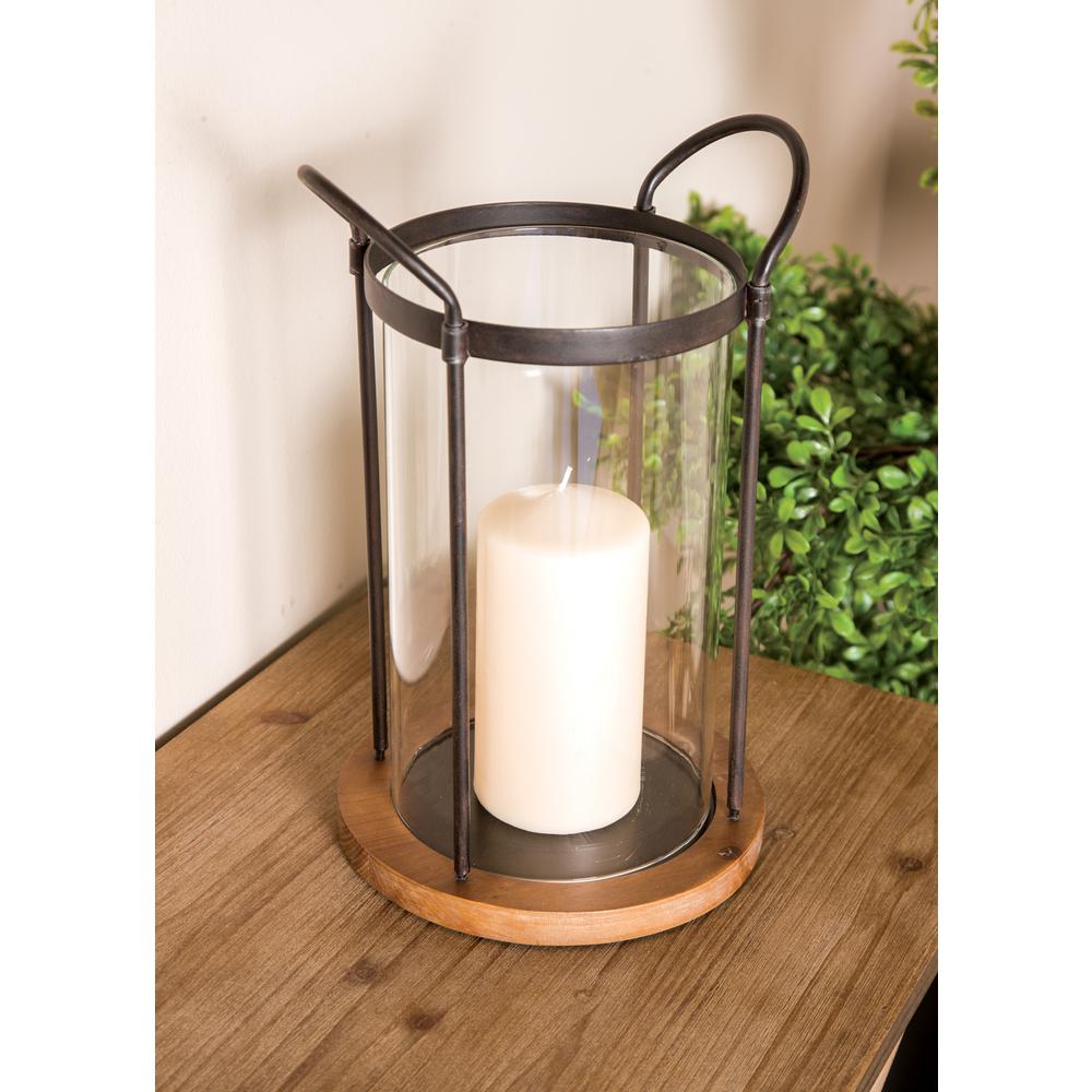 Litton Lane 13 In Clear Glass Cylindrical Candle Holder With Iron Clear Glass Cylindrical Candle Holder With Iron Frame And Wooden Base 42889 The Home Depot