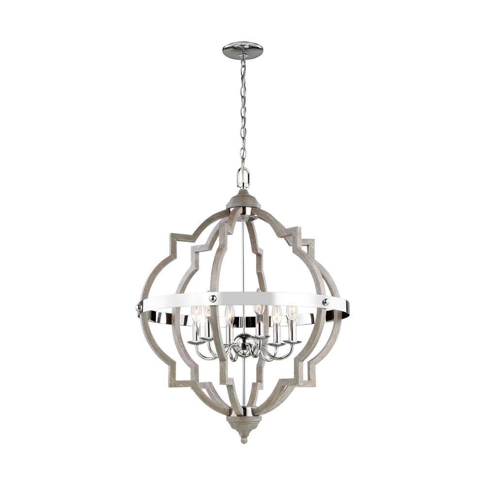Sea Gull Lighting Socorro 25 In W 6 Light Washed Pine And Chrome W 6 Light Washed Pine And Chrome Accents Hall Foyer Quatrefoil Pendant With Dimmable Candelabra Led Bulb
