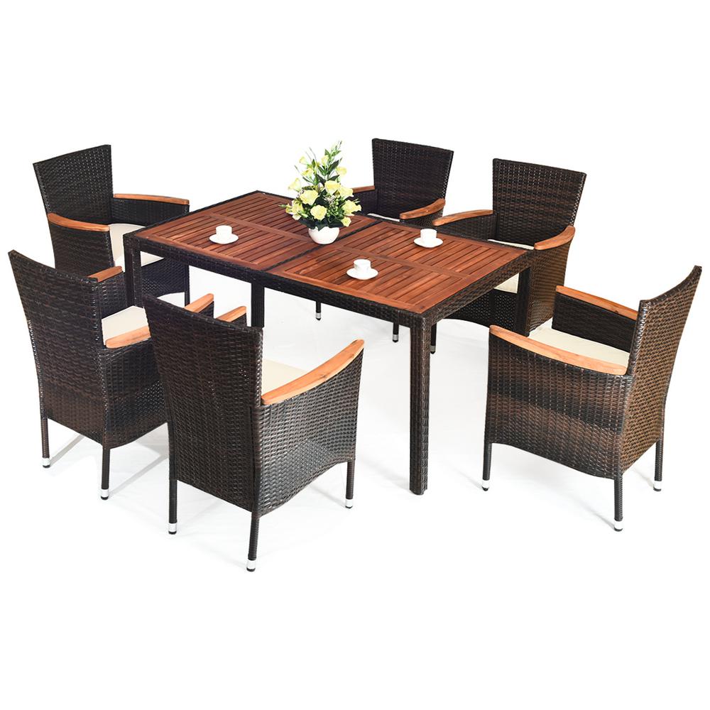 Costway Brown 7 Piece Rattan Wicker Patio Outdoor Dining Set Stackable Chairs With Yellowish Cushion Hw63200 The Home Depot