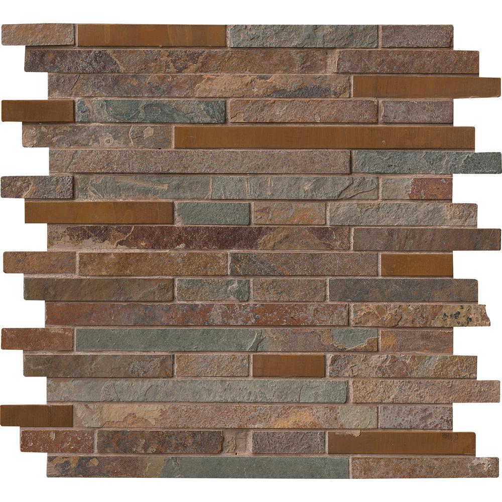 Msi Rustic Creek Interlocking 12 In X 8mm Metal And Stone Msi Rustic Creek Interlocking 12 In X 8mm Metal And Stone Mesh Mounted Mosaic Tile Smtil Rc8mm The Home Depot