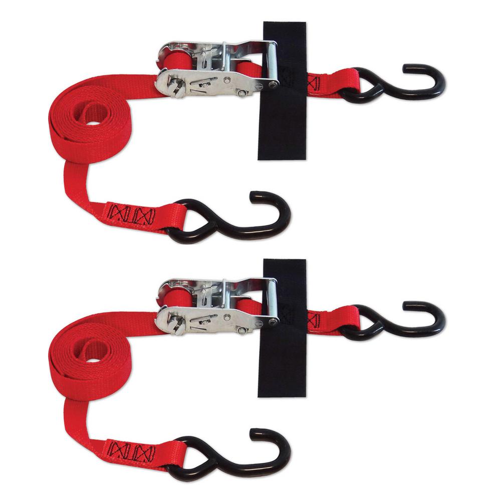 1 Inch Wide 12 Foot Long Red Polyester Locking Cargo Tiedown Strap Ratchet Type