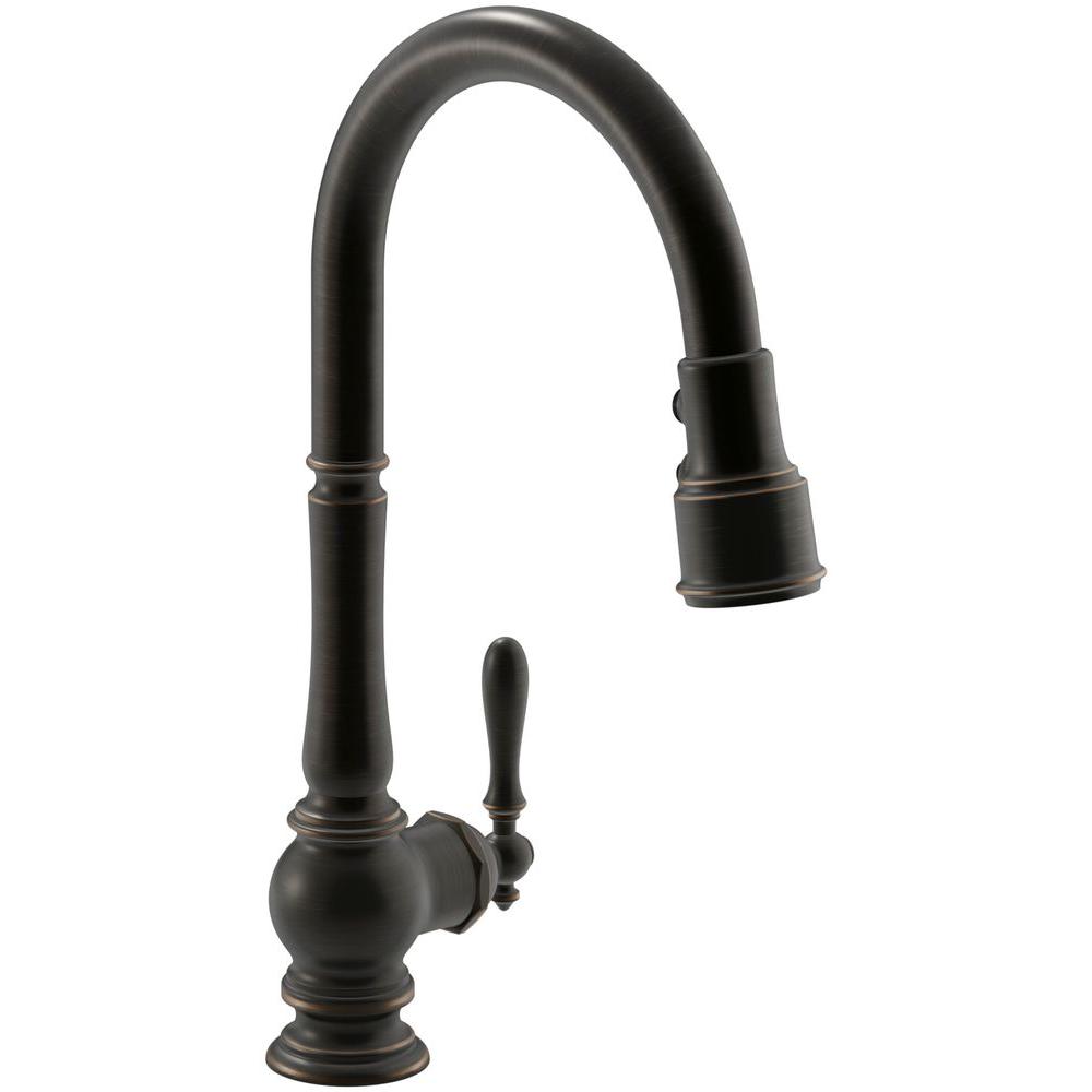 Kohler Artifacts Single Handle Pull Down Sprayer Kitchen Faucet In Oil Rubbed Bronze K 99259 2bz The Home Depot