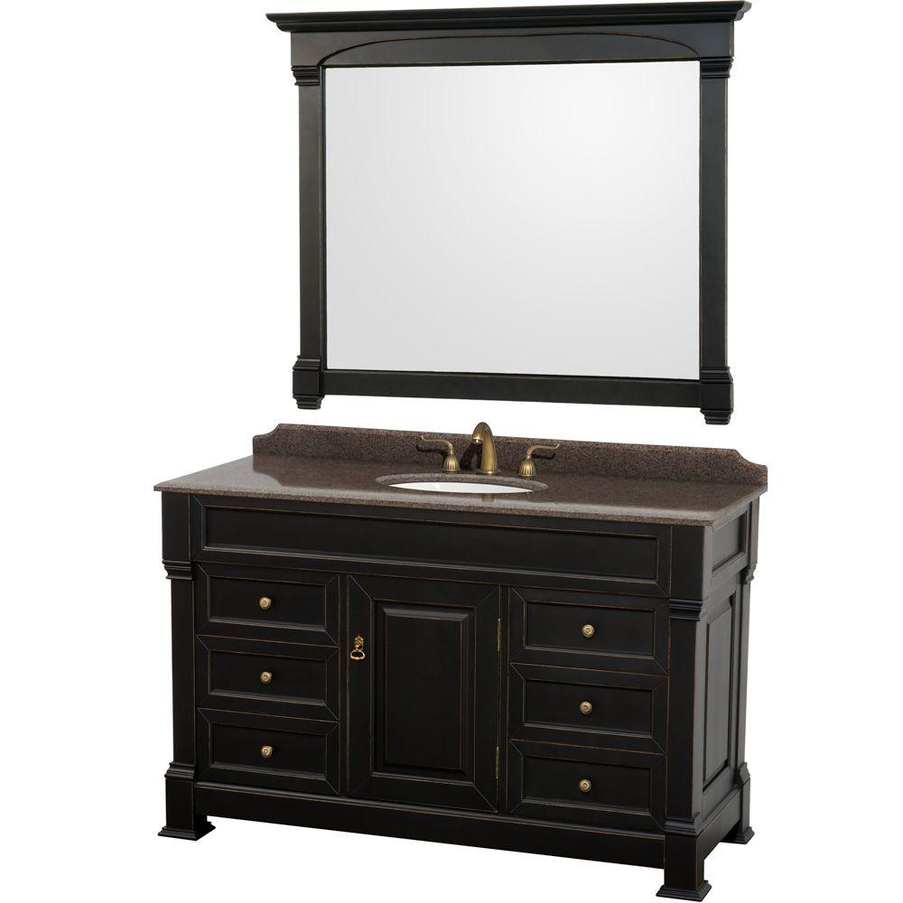 Wyndham Collection Andover 55 In W X 23 D Vanity Black With D Vanity In Black With Granite Top Imperial Brown White Basin And 50 Mirror