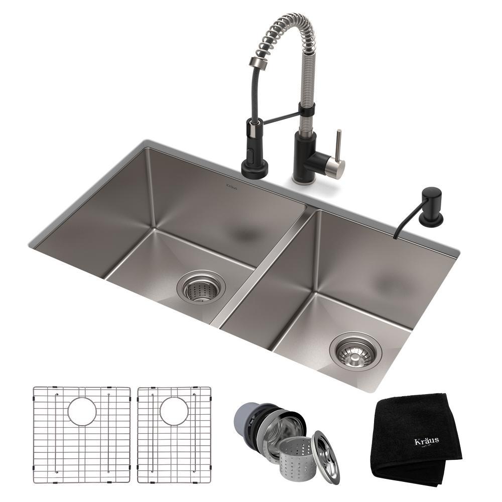 Kraus All In One Undermount Stainless Steel 33 In Double Bowl Kitchen Sink With Faucet In Stainless Steel Matte Black