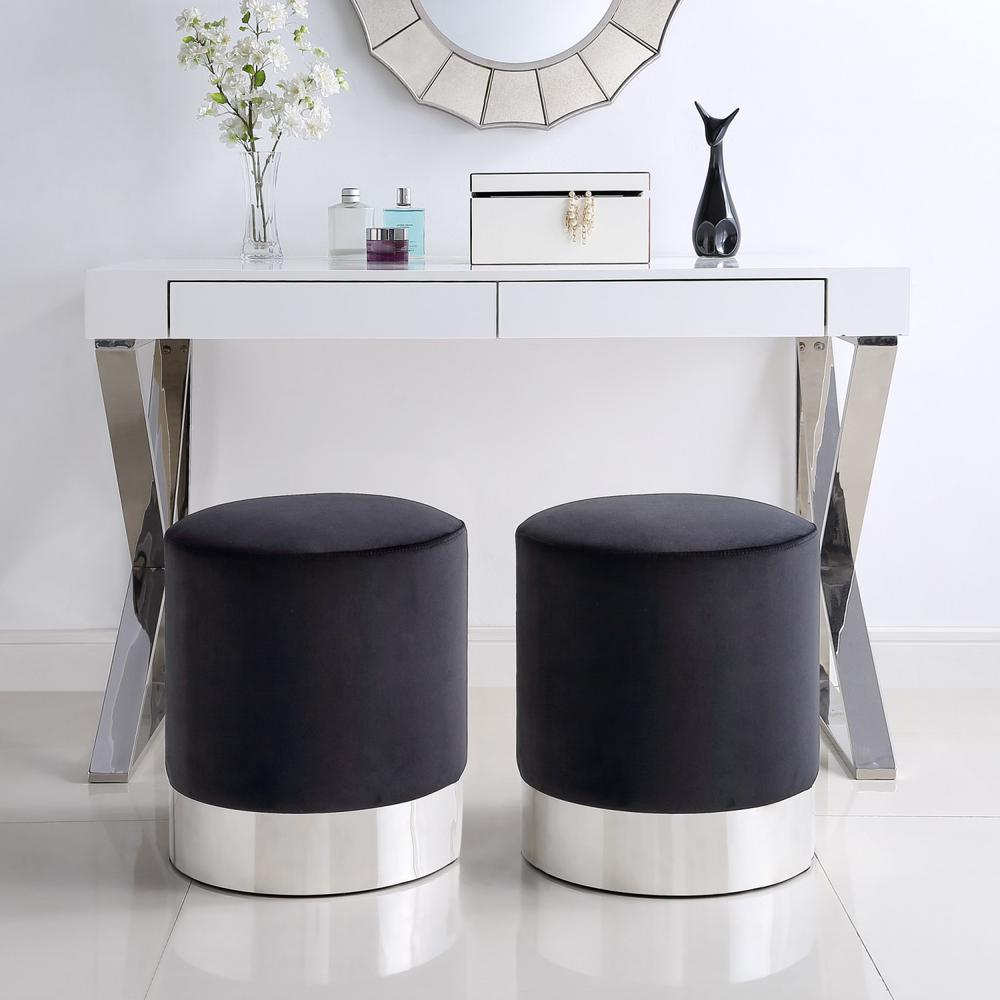 Inspired Home Caroline Black Chrome Velvet Round Ottoman