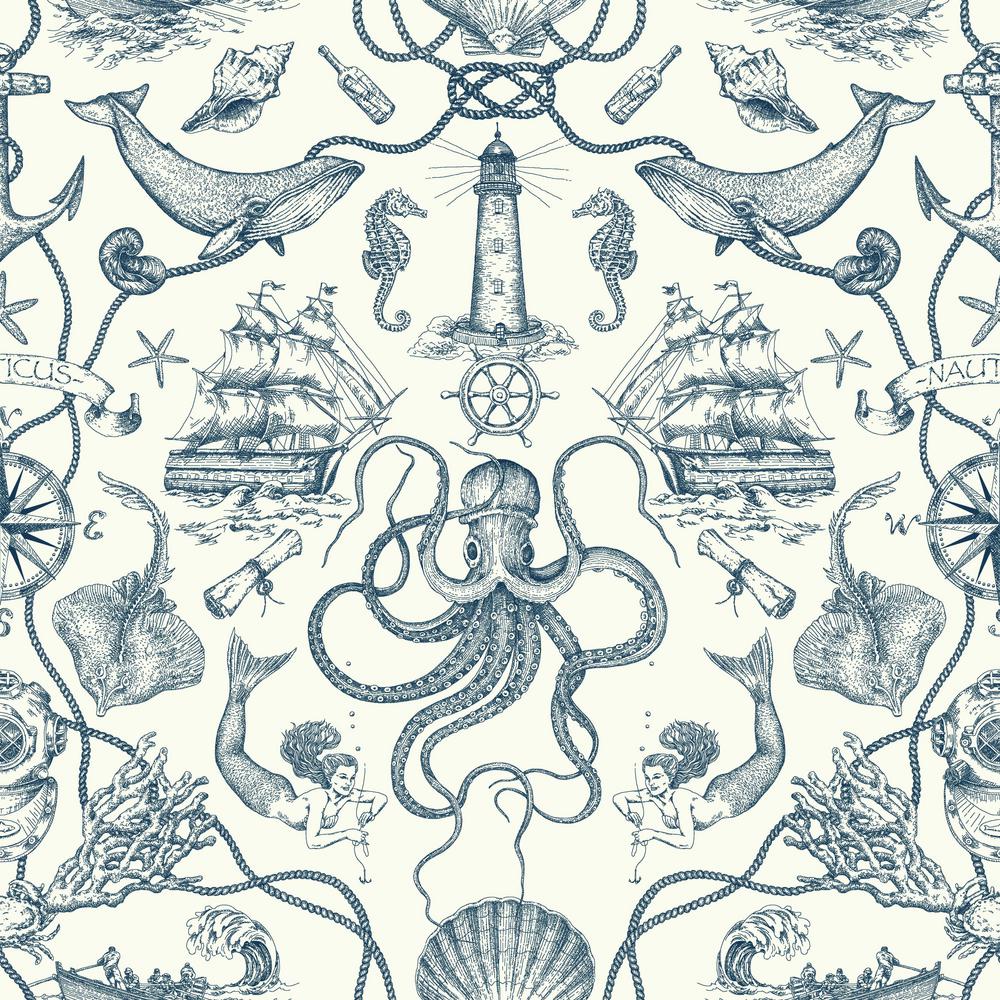 York Wallcoverings 56 sq ft Tailored Deep Sea Toile 
