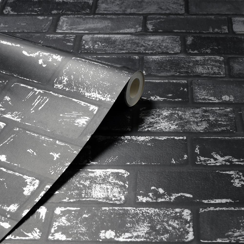 3D Effect Metallic Brick Wallpaper Black Silver Grey Stone Industrial Arthouse