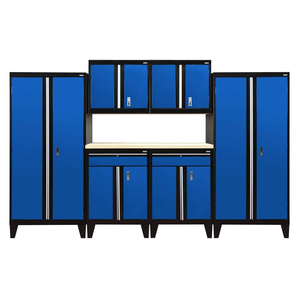 Sandusky 79 In H X 144 In W 18 In D Modular Garage Welded Steel Cabinet Set In Black Blue 7 Piece Gs07 069l The Home Depot