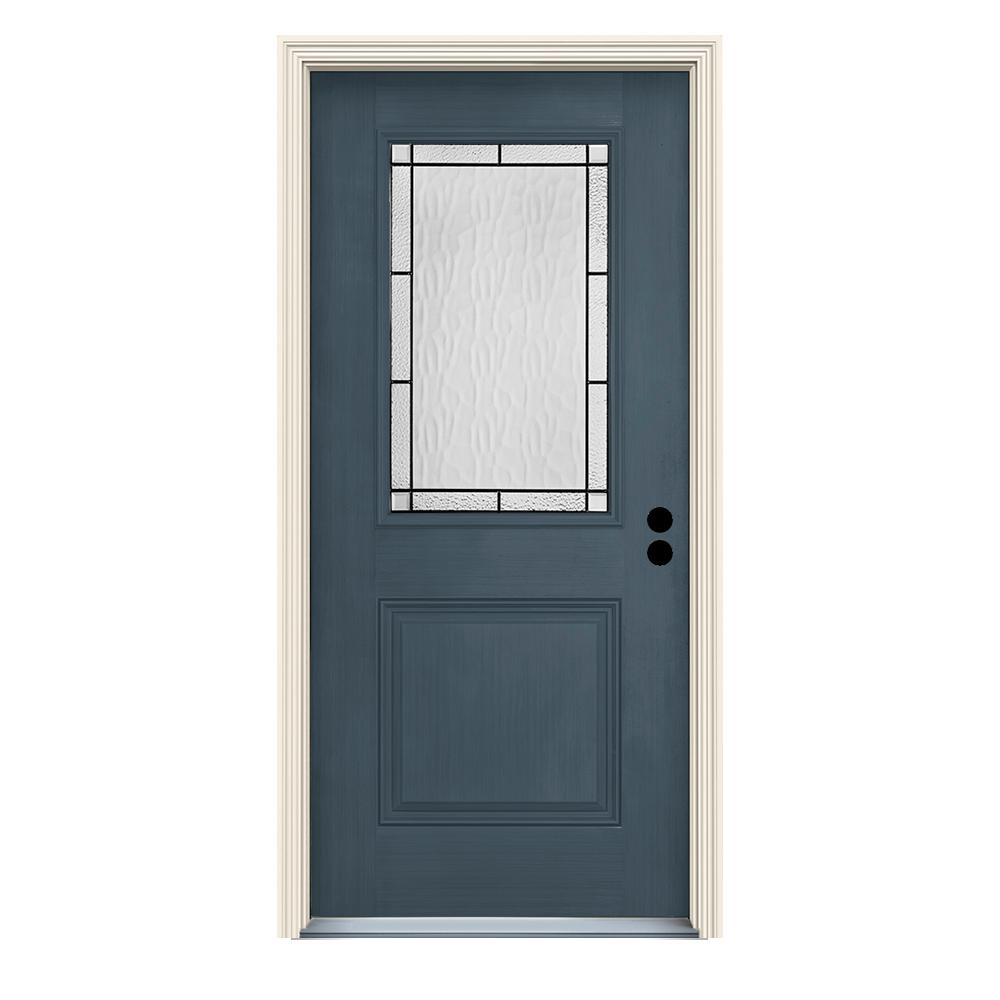 Jeld Wen 36 In X 80 In Left Hand 1 2 Lite Wendover Denim Stained Fiberglass Prehung Front Door