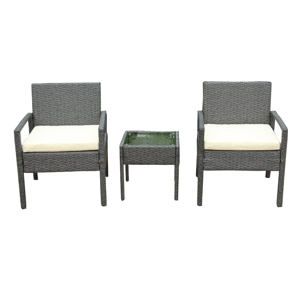 Aleko Gray 3 Piece Wicker Patio Conversation Set With White Cushions Gray 3 Piece Wicker Patio Conversation Set With White Cushions