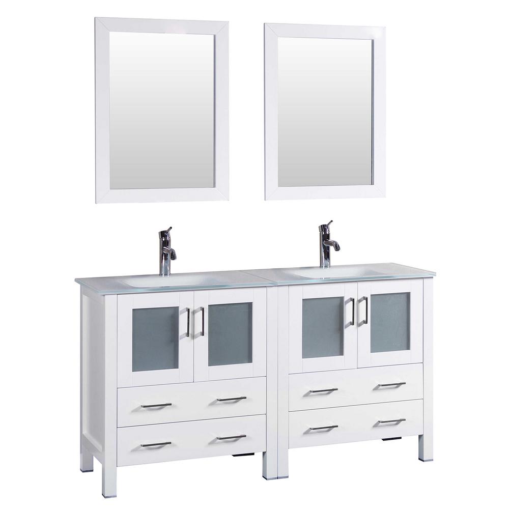 Bosconi 60 In W Double Bath Vanity White With Tempered Glass Top Basin And Mirror