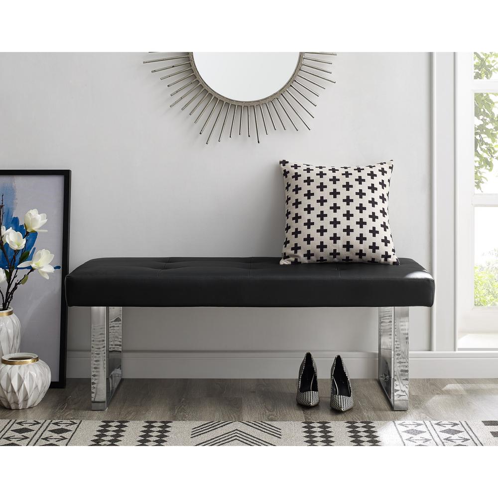 Inspired Home Alonso Black Chrome Pu Leather Bench Square Tufted Pu Leather Bench Square Tufted