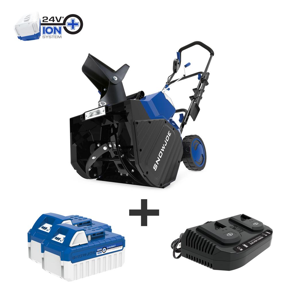 Snow Joe 18 In 48 Volt Cordless Electric Snow Blower Kit With 2 X 4 0 Ah Batteries Charger 24v X2 Sb18 The Home Depot