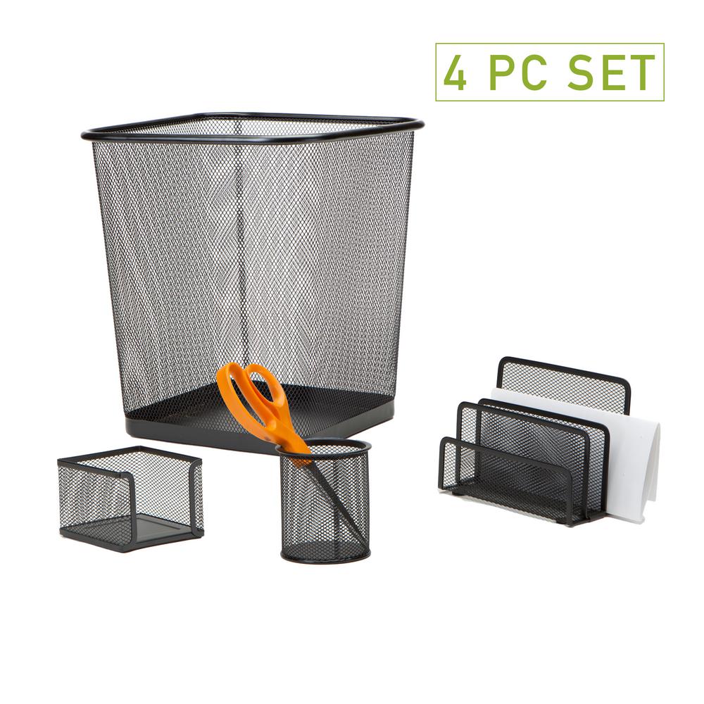 Stainless Steel Office Supplies Storage Organization The Metal Mesh Desk Organizer Set With Trash Can Black 4 Pieces