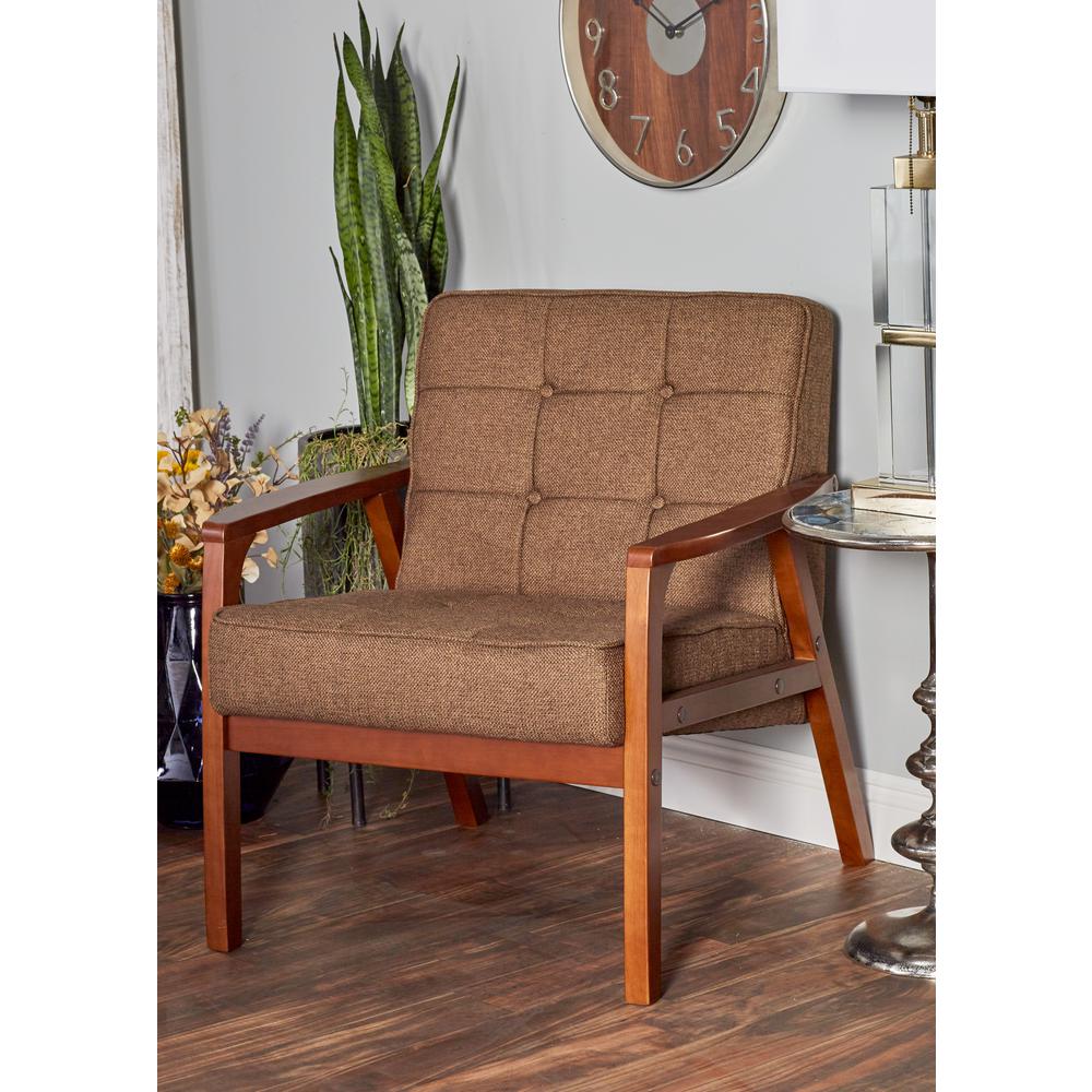 Brown Rubber Wood And Fabric Cushioned Arm Chair