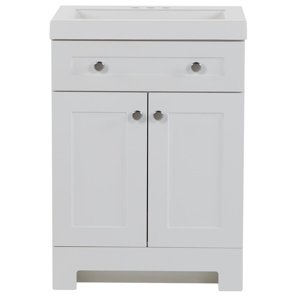 Glacier Bay Everdean 24.5 in. W x 19 in. D x 34 in. H Bath Vanity in White with Cultured Marble Vanity Top in White with White Basin. Has a crack in it
