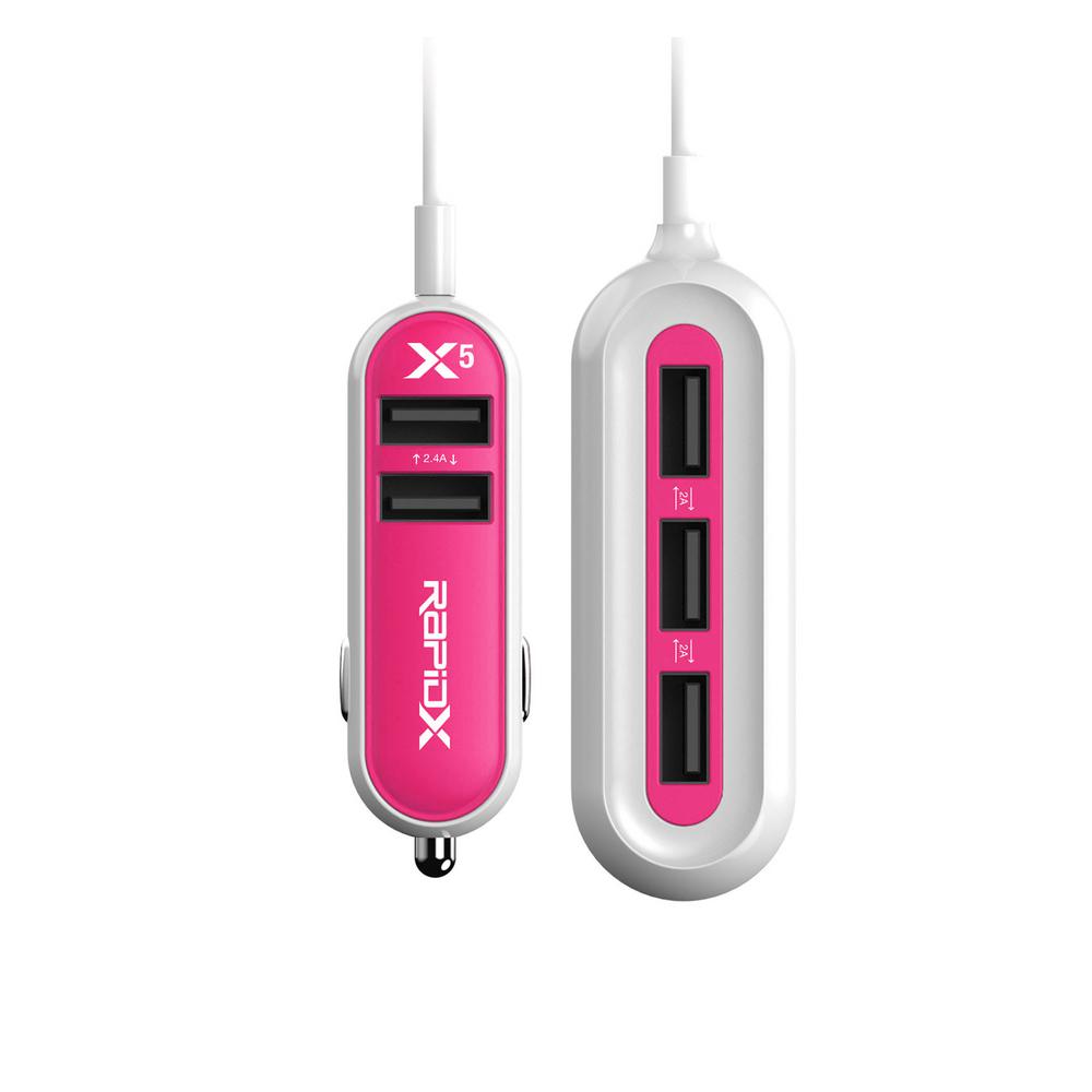 X5 5 Port Usb Car Charger For Android And Ios Devices Pink