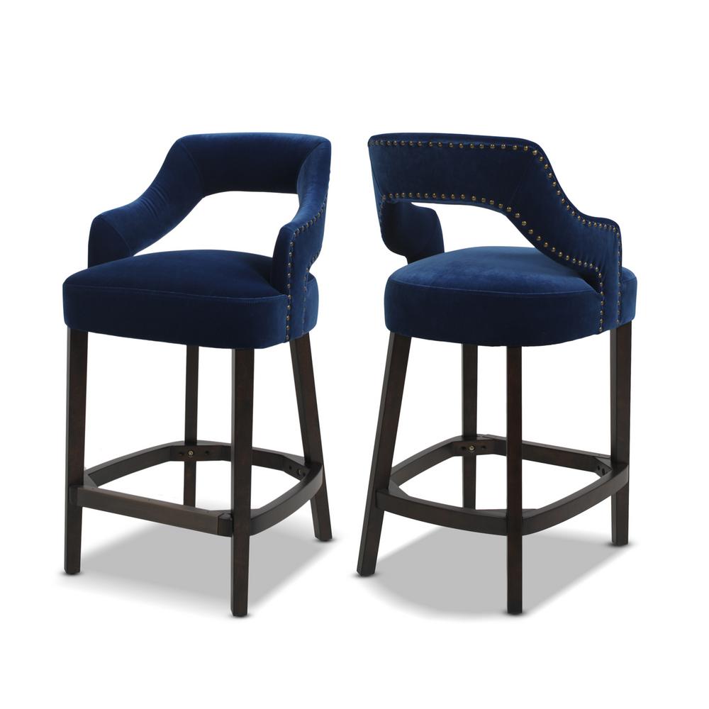 Jennifer Taylor Moderne 26 In Seat Indigo Blue Performance Velvet Art Deco Counter Height Bar Stool Set Of 2 Hdmvi 81060 The Home Depot