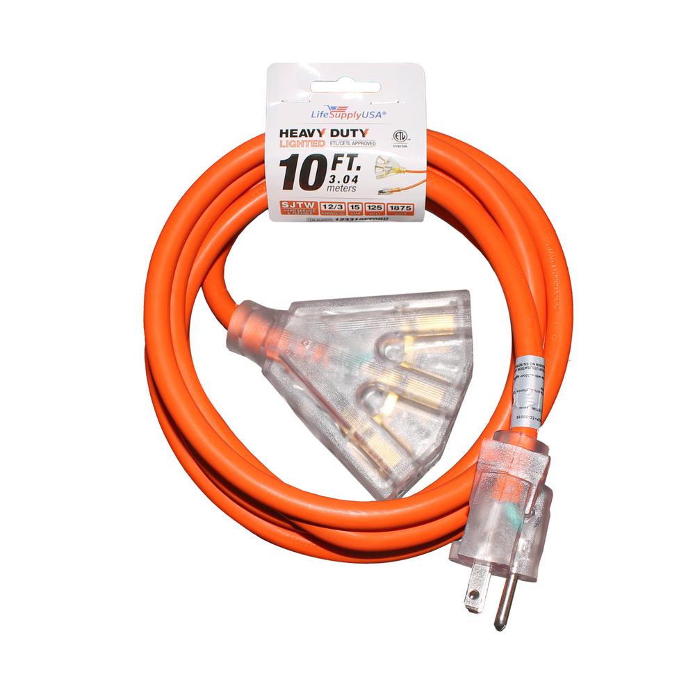 LifeSupplyUSA 10 ft. 12/3 3Outlet SJTW 15 Amp 125Volt 1875Watt