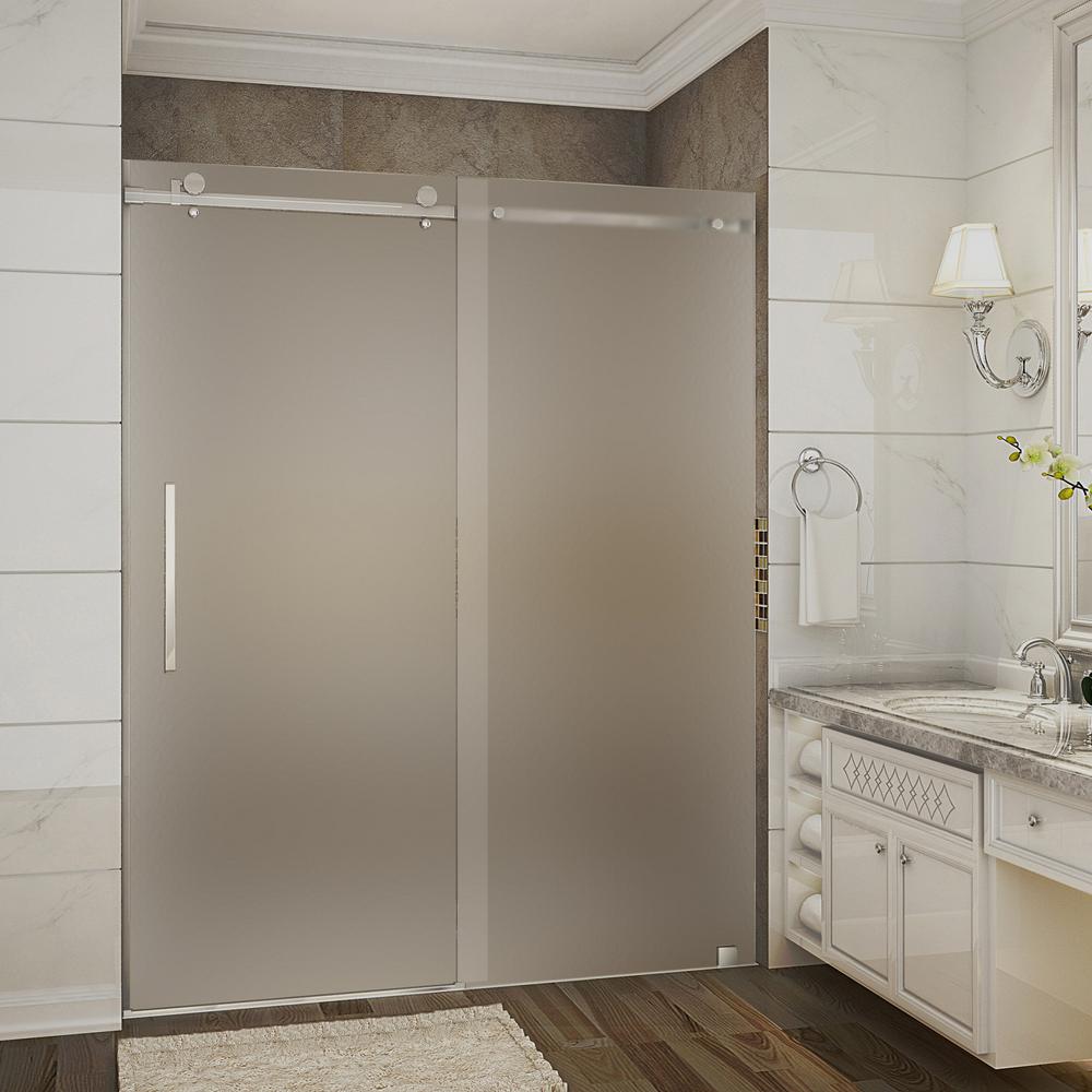 Aston Moselle 56 In To 60 In X 75 In Completely Frameless Sliding Shower Door With Frosted Glass In Brushed Stainless Steel