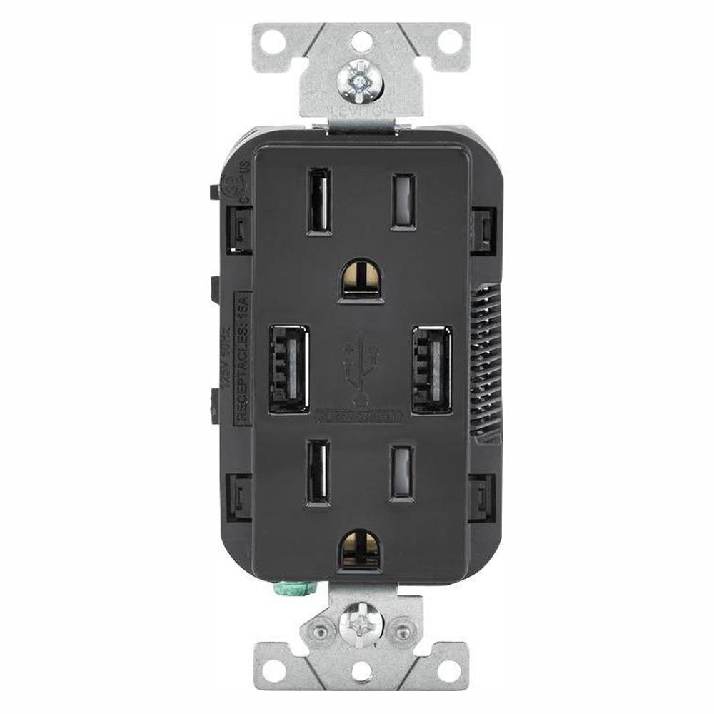 Leviton 15 Amp Decora Combination Tamper Resistant Duplex Outlet and USB Charger, Black (6-Pack ...