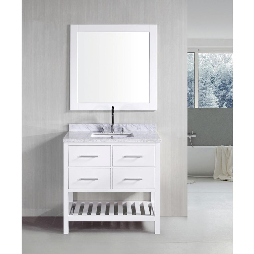 Design Element London 36 In W X 22 D Vanity White With Marble Top Carrera Basin And Mirror
