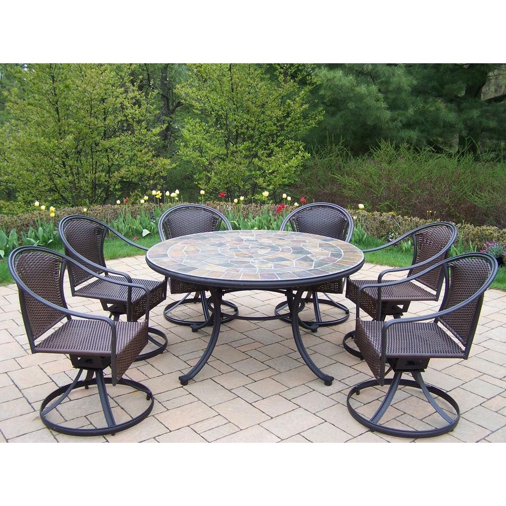 Oakland Living Tuscany Stone Art 54 in. 7-Piece Patio Wicker Swivel